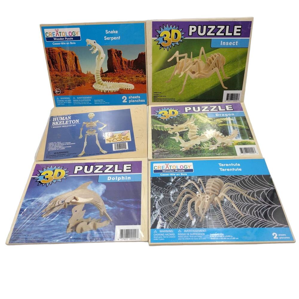 Lot of 6 3D Wood Puzzles for Kids Snake Insect Skeleton Dragon Dolphin Tarantula